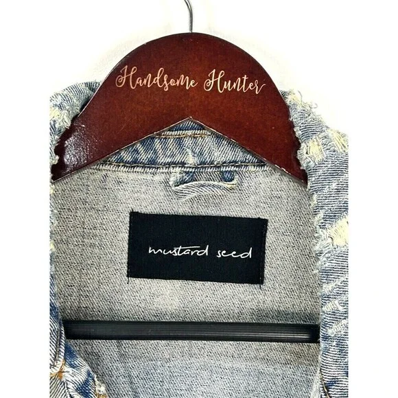 Mustard Seed Women L Destructed Denim Blue Jacket Long Jean Button Up Biker R4 - Picture 11 of 12